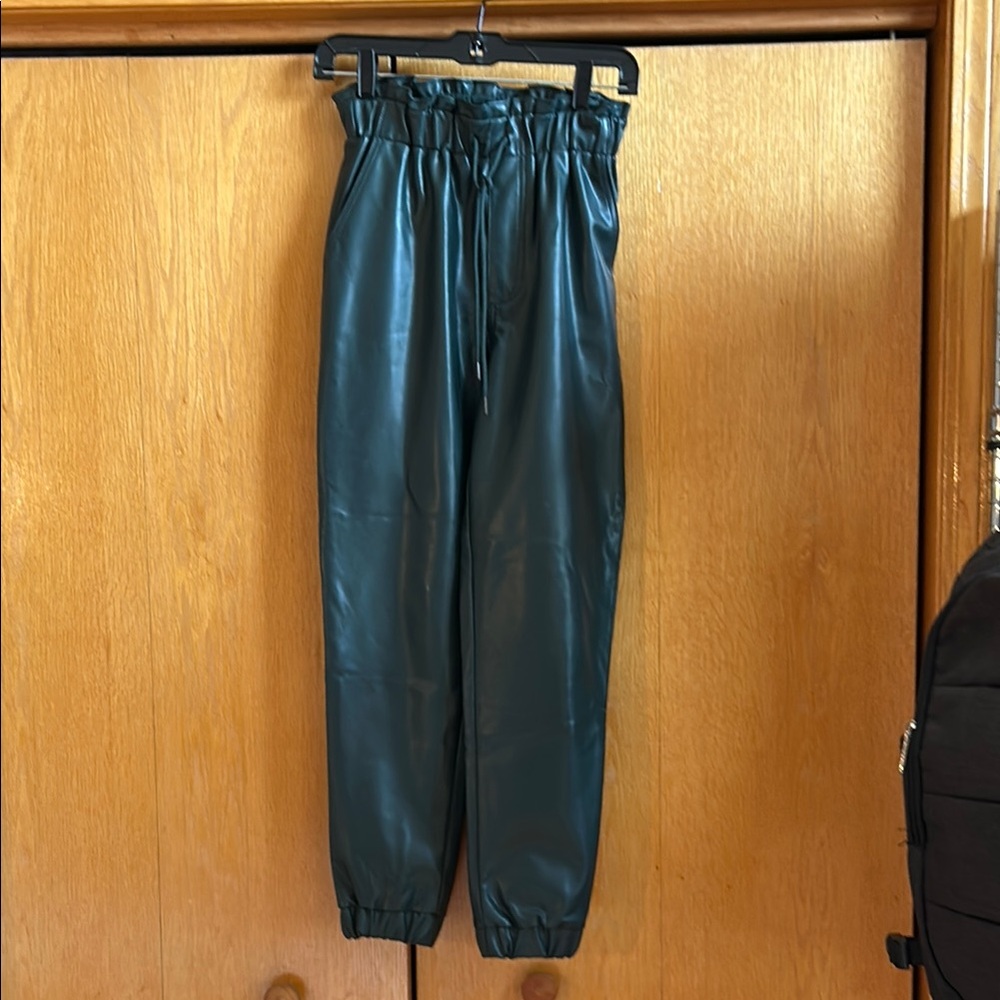 Dark Green Faux Leather Joggers